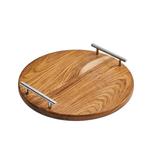 WOOD & ALUMINIUM ROUND SERVING TRAY (NATURAL)
